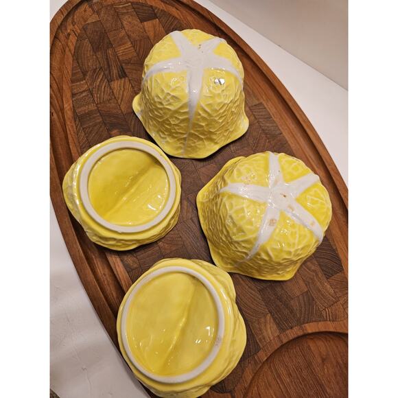 2 Secla Portugal Pottery Cabbage‎ Leaf Yellow Soup Bowl+ Lid Condiment VTG Majol - Picture 5 of 12